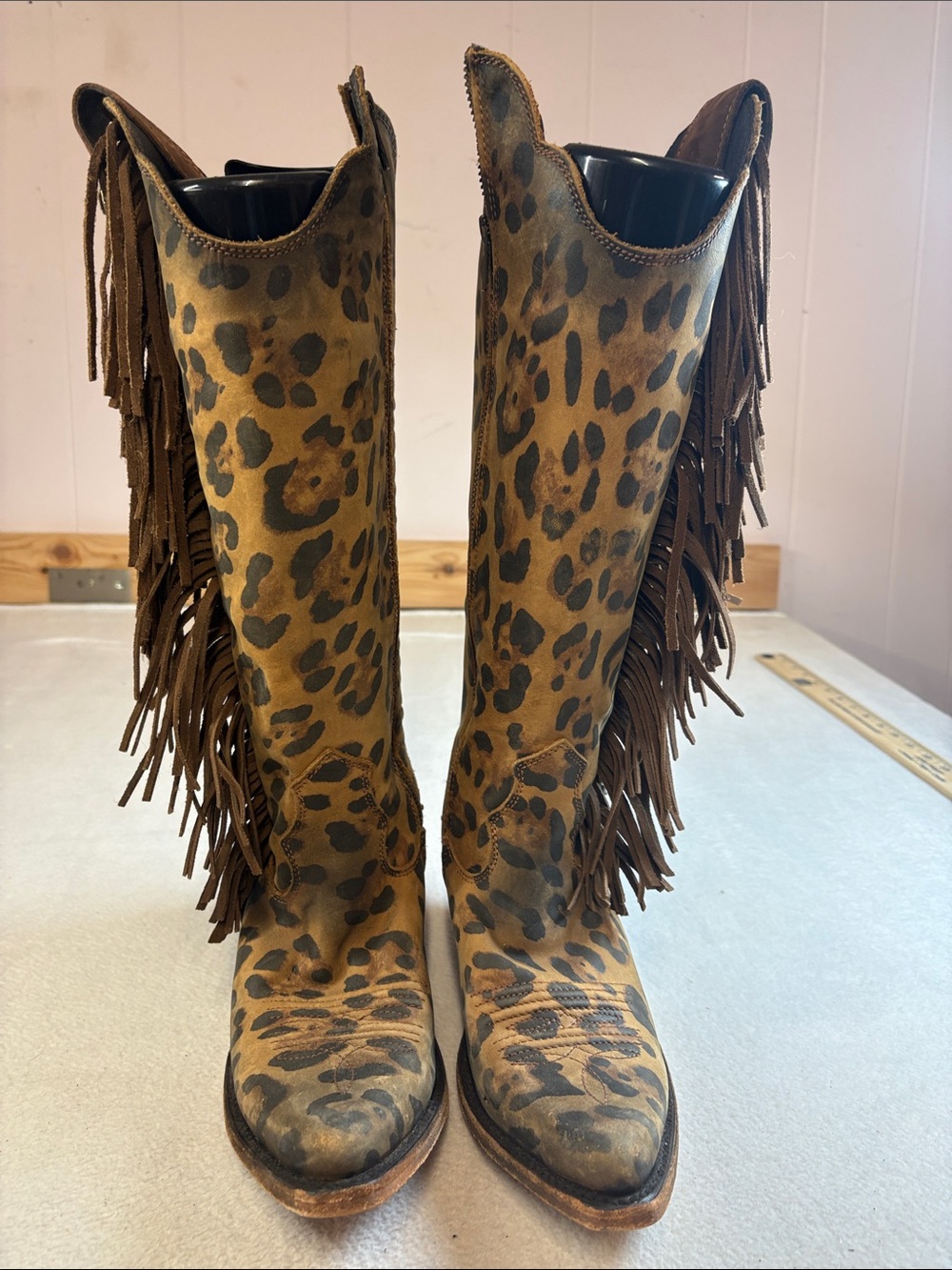 LIBERTY Black Leopard Print Fringe Over-the-Knee Boots